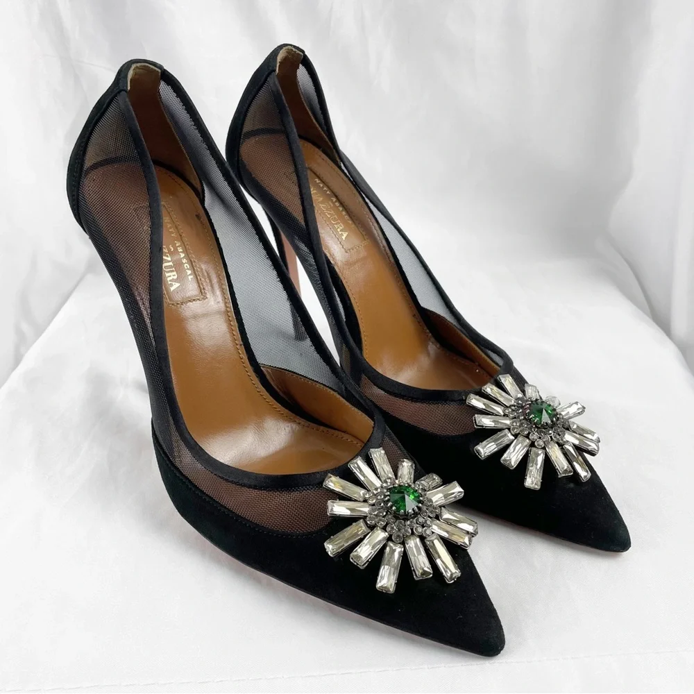 Aquazzura x Naty Abascal Kimiyah Suede Leather Crystal Heels Black EU 39 - Picture 2 of 12